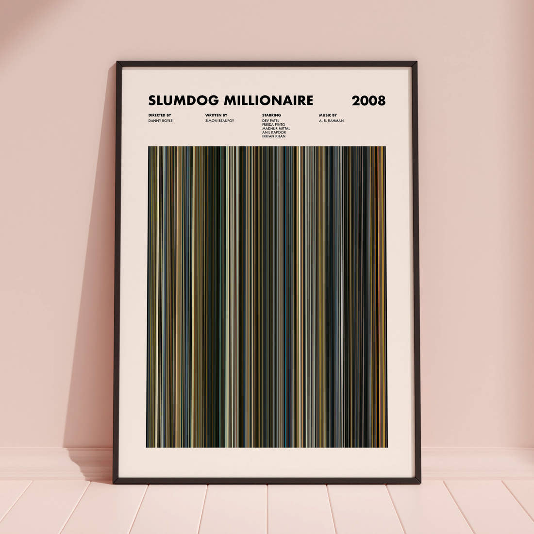 Slumdog Millionaire Movie Barcode Poster framed and leaning against a coloured wall