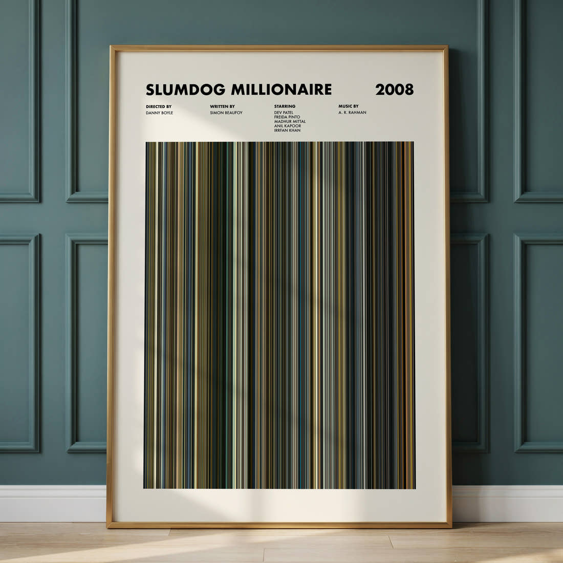 Slumdog Millionaire Movie Barcode Poster framed and leaning against a panelled wall