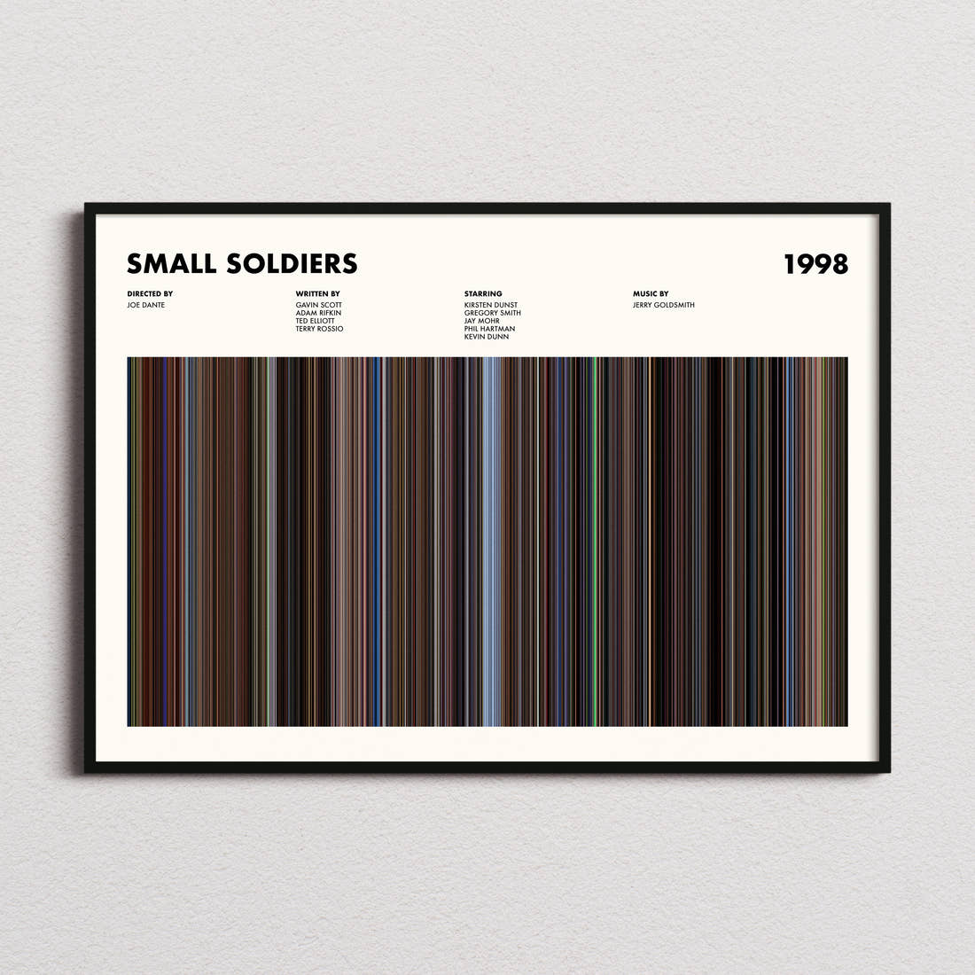 Small Soldiers Movie Barcode Poster framed and photographed straight on