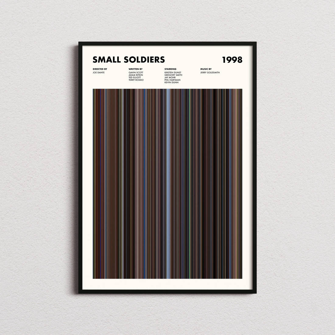 Small Soldiers Movie Barcode Poster framed on a plain studio wall
