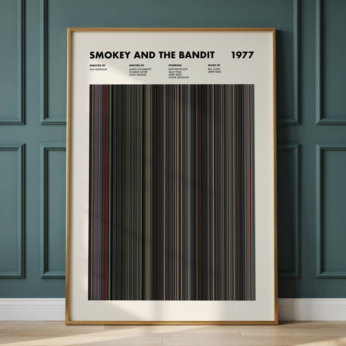 Smokey And The Bandit Movie Barcode Poster framed and leaning against a panelled wall
