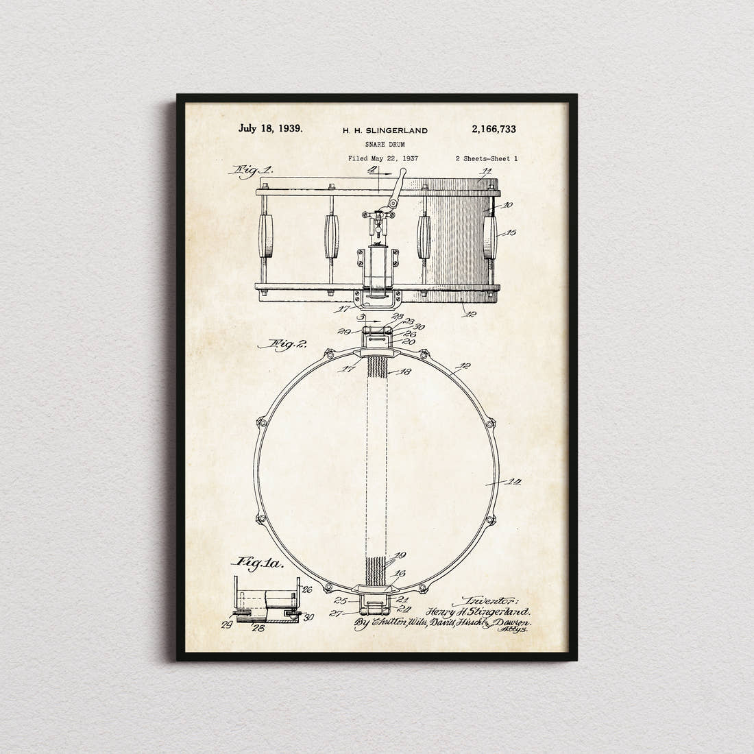 Snare Drum Patent Print in the aged paper colourway, framed