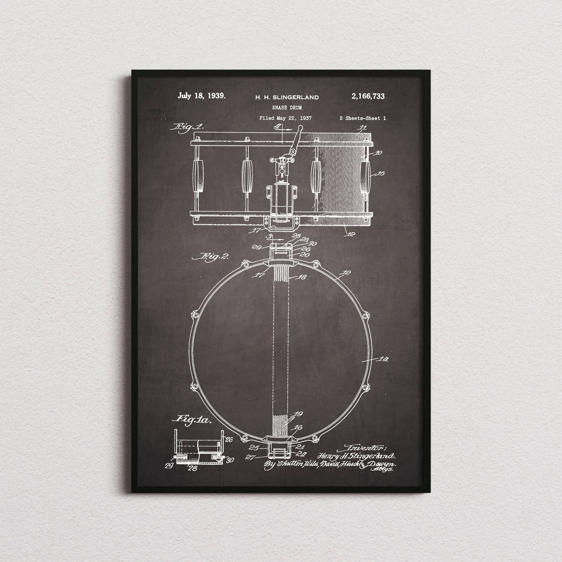 Snare Drum Patent Print in the blackboard colourway, framed