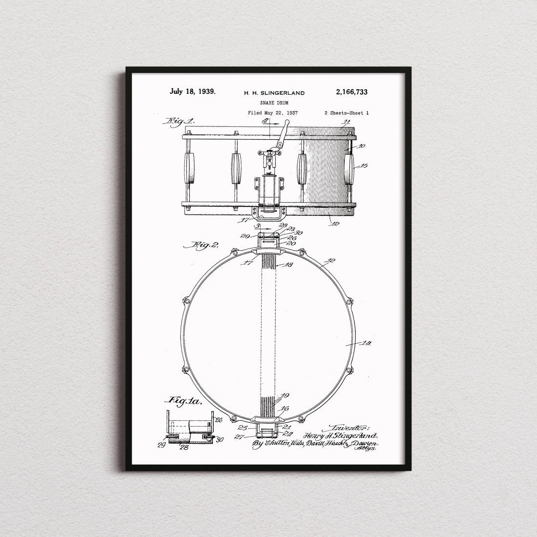 Snare Drum Patent Print in the white colourway, framed