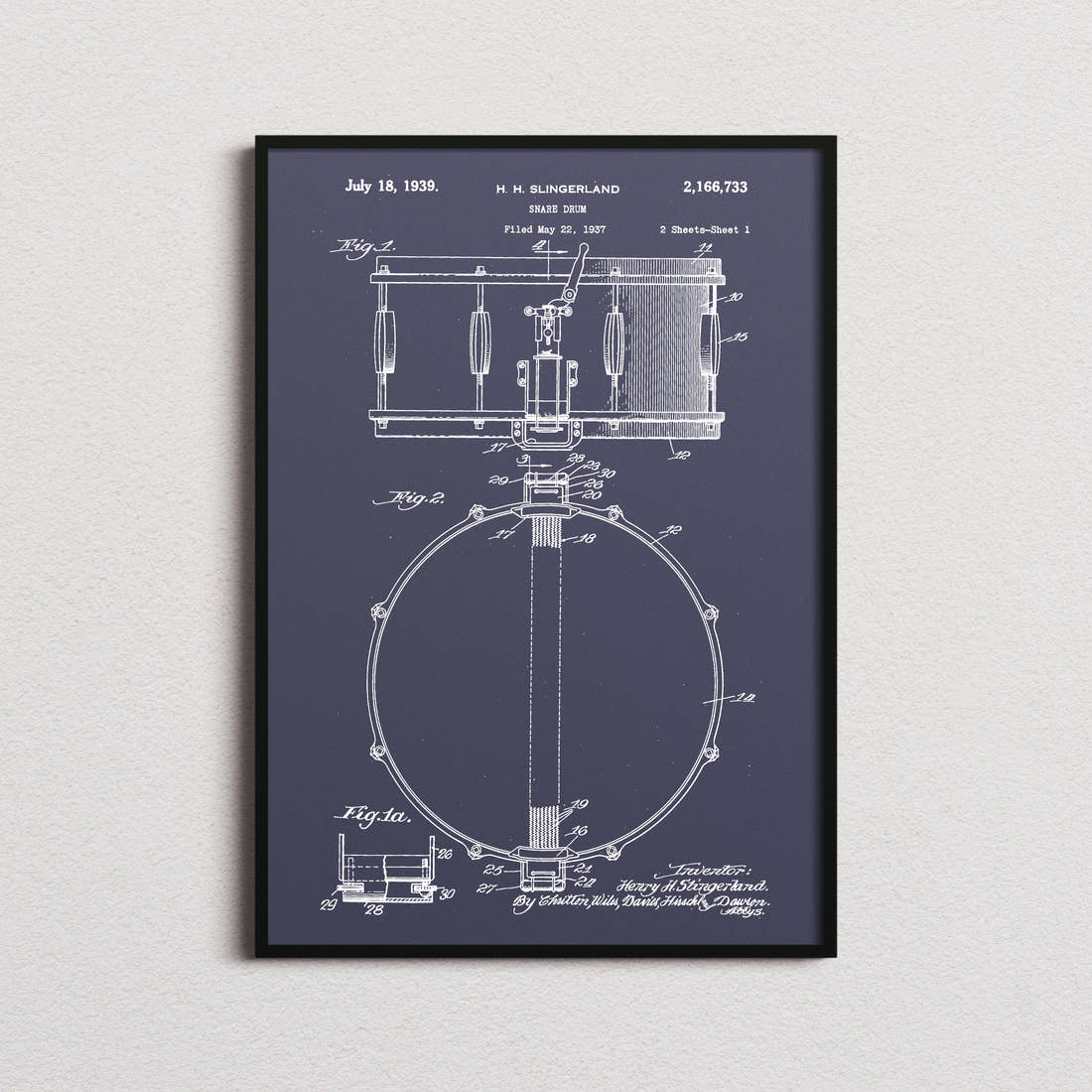 Snare Drum Patent Print in the navy colourway, framed