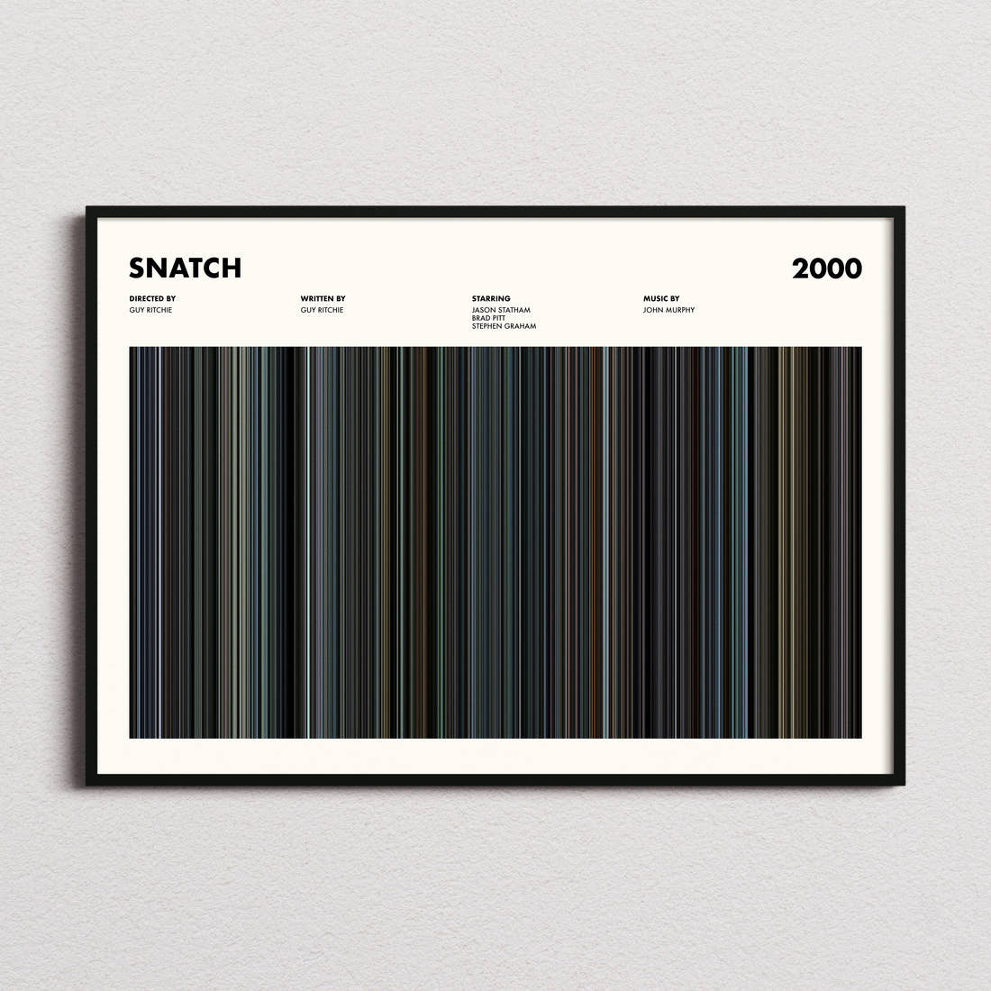 Snatch Movie Barcode Poster framed and photographed straight on