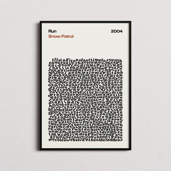 Snow Patrol Run Lyric Print in the cream colourway, framed
