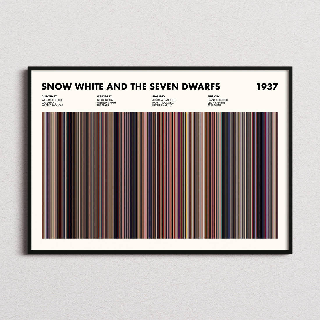 Snow White and the Seven Dwarfs Movie Barcode Poster framed and photographed straight on