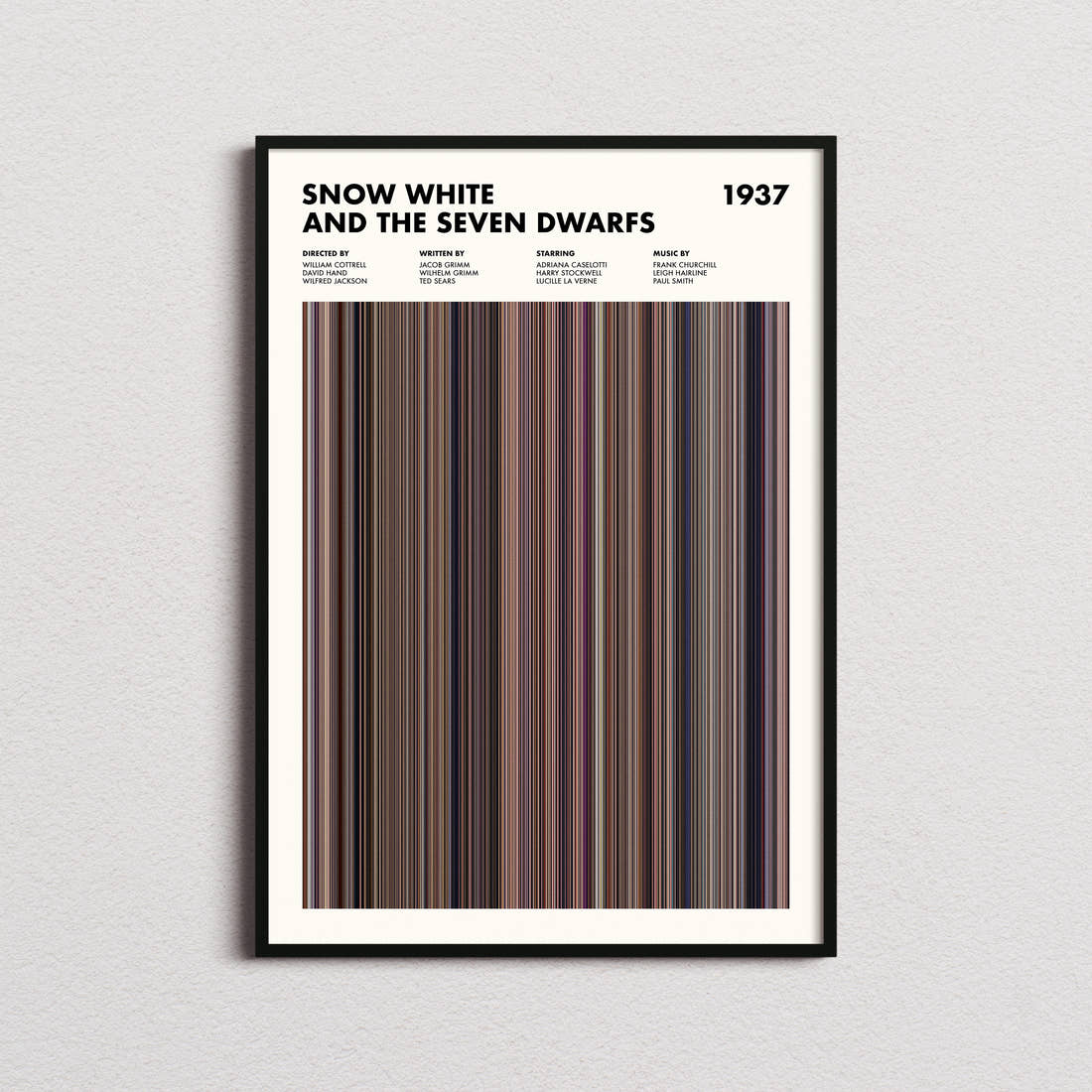 Snow White and the Seven Dwarfs Movie Barcode Poster framed on a plain studio wall