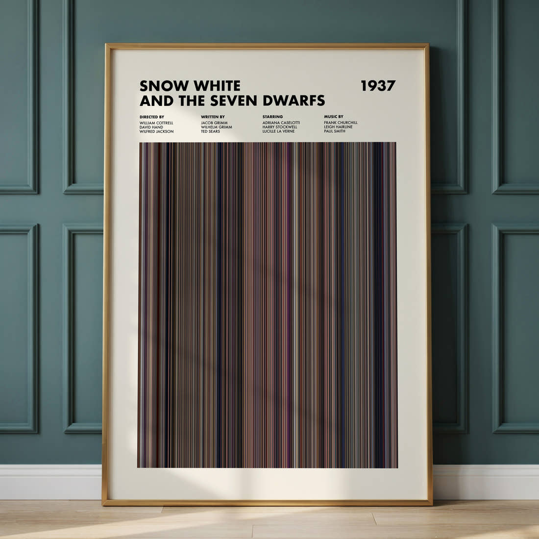 Snow White and the Seven Dwarfs Movie Barcode Poster framed and leaning against a panelled wall