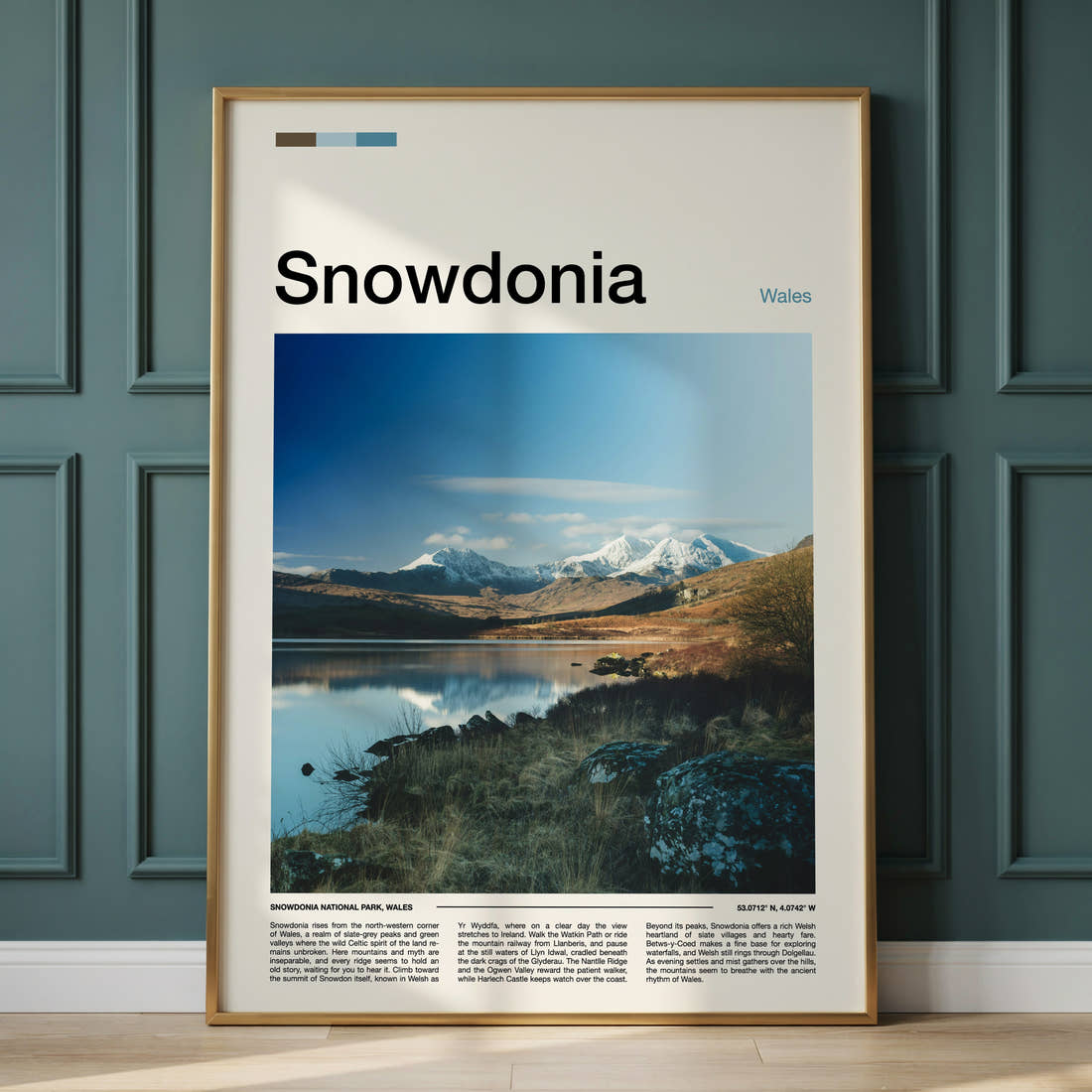 Snowdonia Snow-Capped Mountain Reflection Travel Print framed on the wall of a calm, neutral bedroom