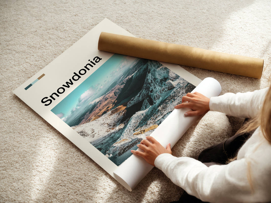 Snowdonia Snow-Capped Ridge Valley Travel Print being unrolled from its postal tube