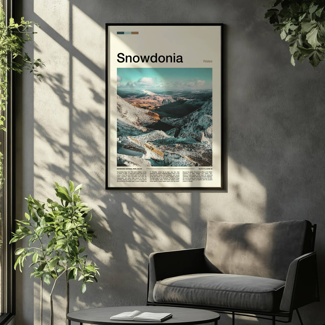 Snowdonia Snow-Capped Ridge Valley Travel Print framed on the wall of a relaxed living room