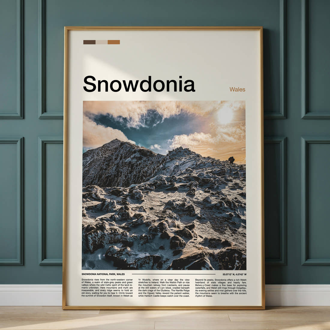 Snowdonia Snowbound Ridge Summit Travel Print framed on the wall of a calm, neutral bedroom