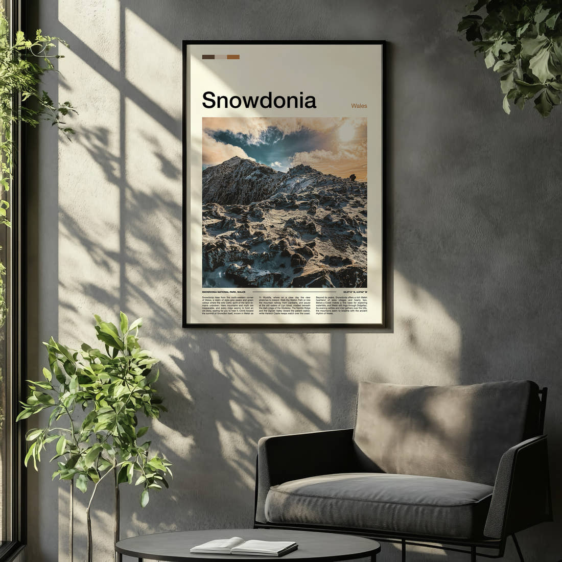 Snowdonia Snowbound Ridge Summit Travel Print framed on the wall of a relaxed living room