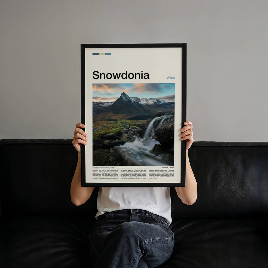 Snowdonia Waterfall And Peaks Travel Print held up by hand to show the size of the print