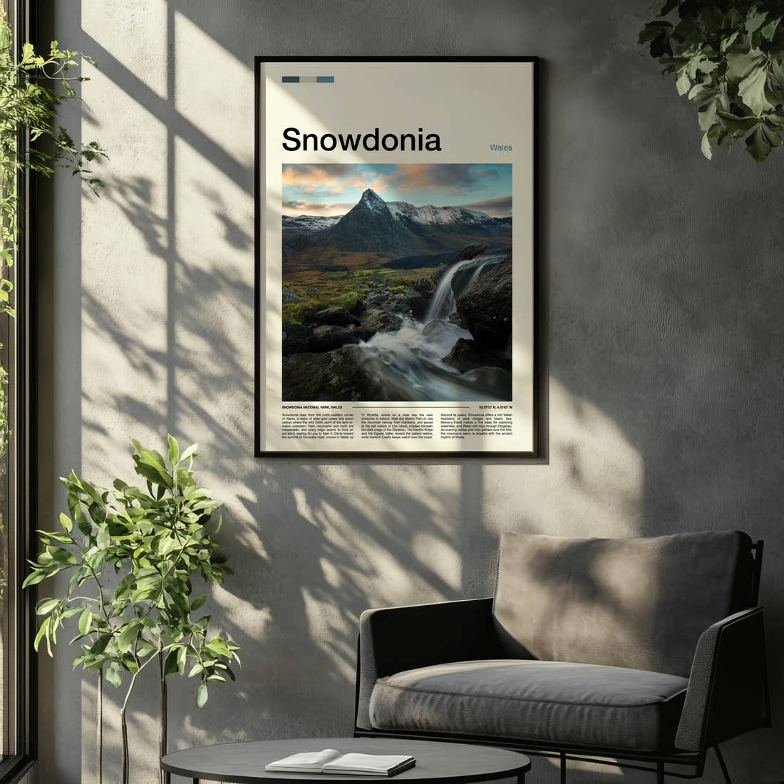 Snowdonia Waterfall And Peaks Travel Print framed on the wall of a relaxed living room