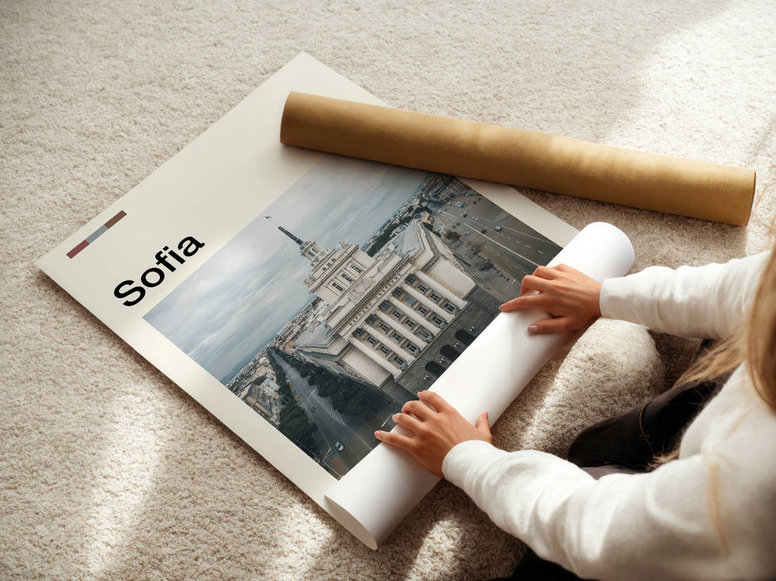 Sofia Government Building Travel Print being unrolled from its postal tube