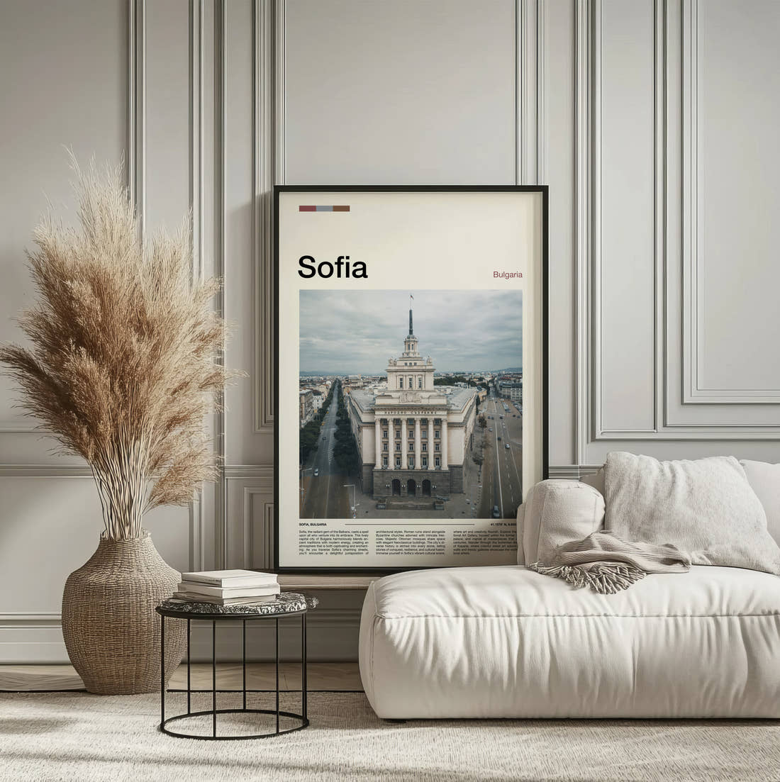 Sofia Government Building Travel Print framed on the wall of a calm, neutral bedroom