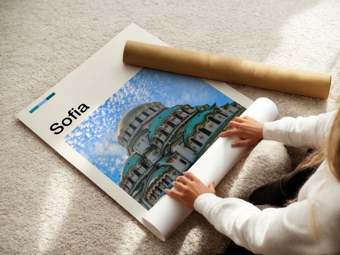 Sofia Alexander Nevsky Cathedral Travel Print being unrolled from its postal tube