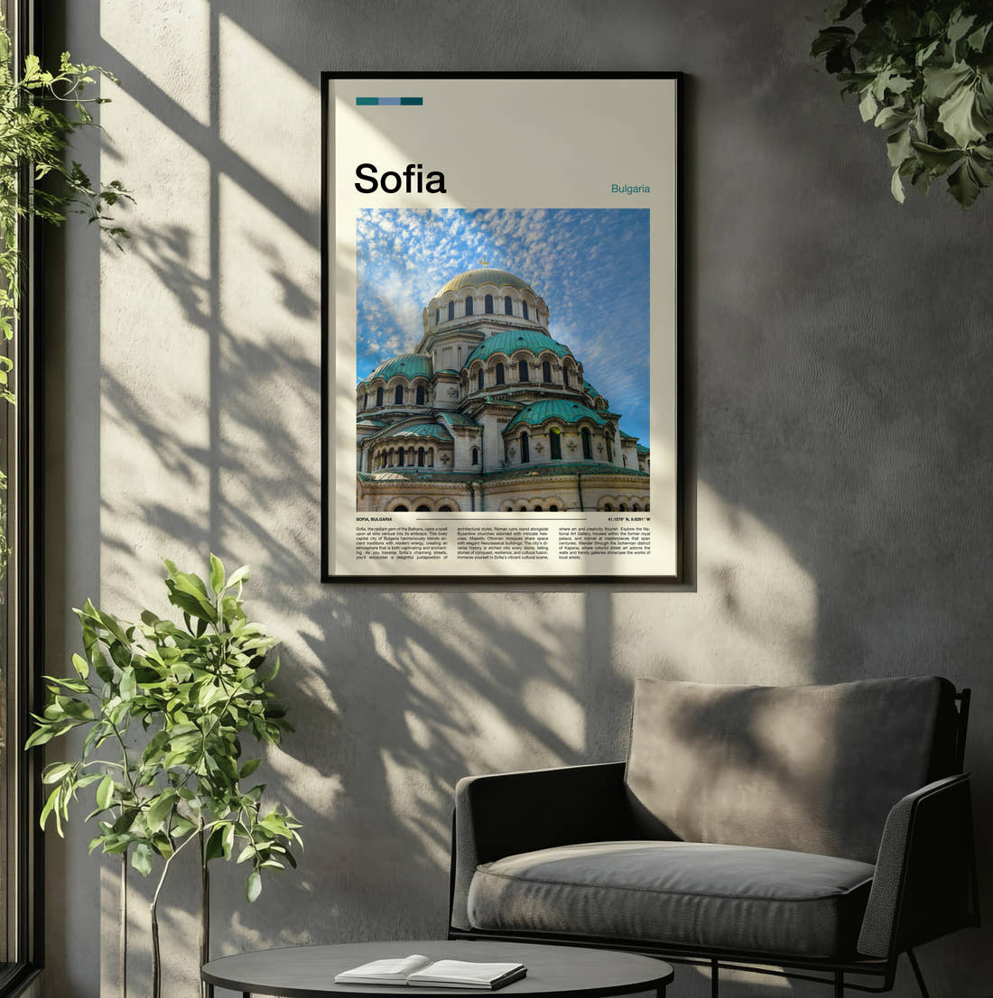 Sofia Alexander Nevsky Cathedral Travel Print framed on the wall of a relaxed living room