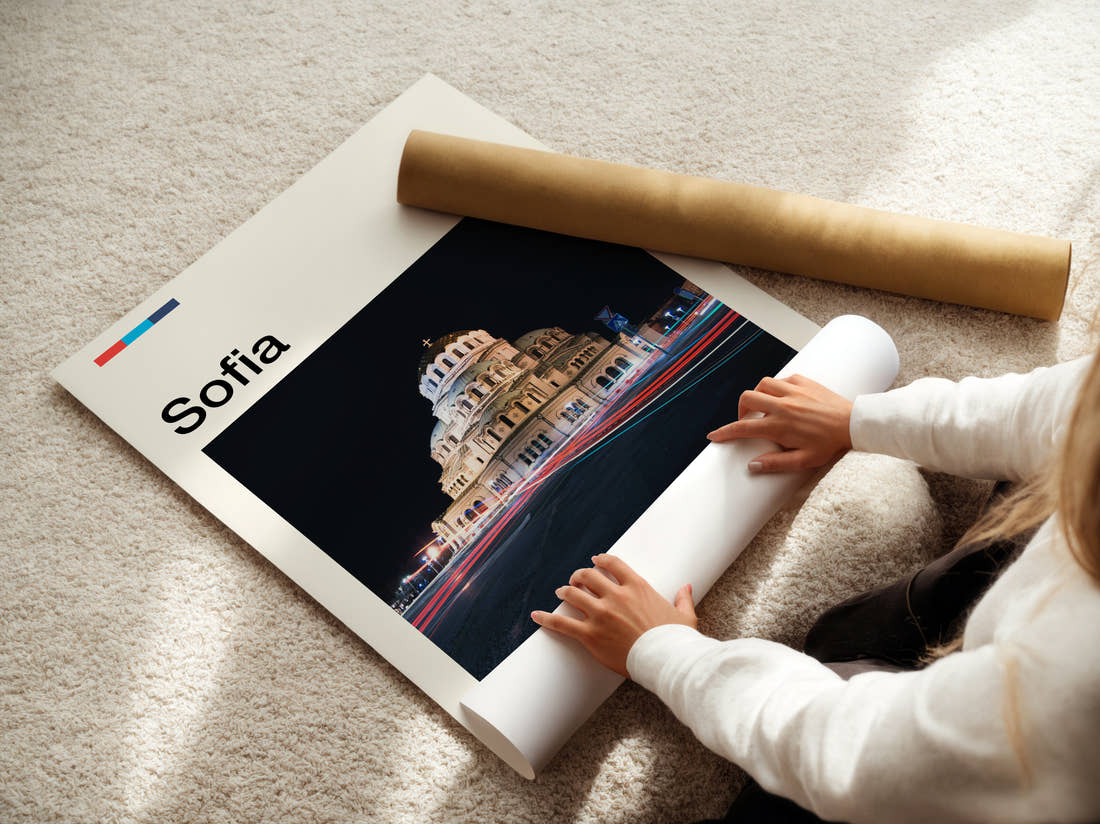 Sofia Cathedral At Night Travel Print being unrolled from its postal tube