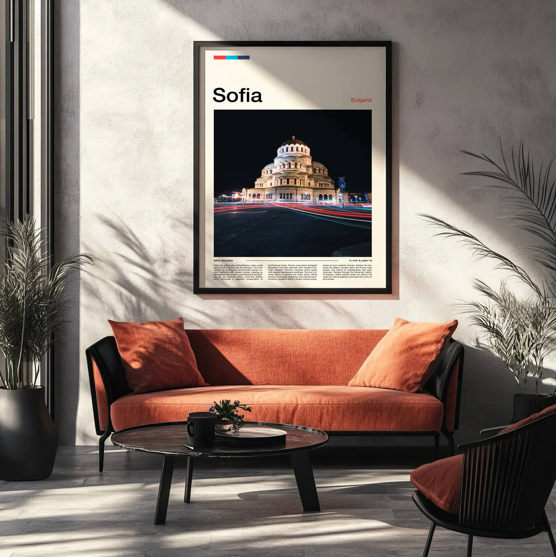 Sofia Cathedral At Night Travel Print framed on the wall of a modern living room