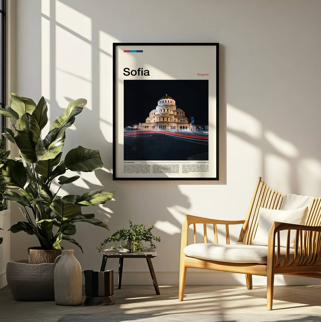 Sofia Cathedral At Night Travel Print framed on a pale wall beside houseplants