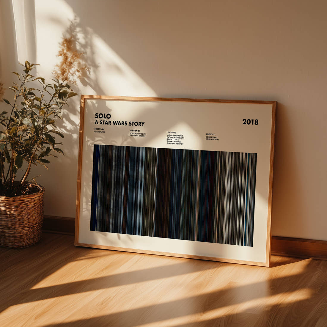 Solo: A Star Wars Story Movie Barcode Poster framed and leaning against a wall on a wooden floor