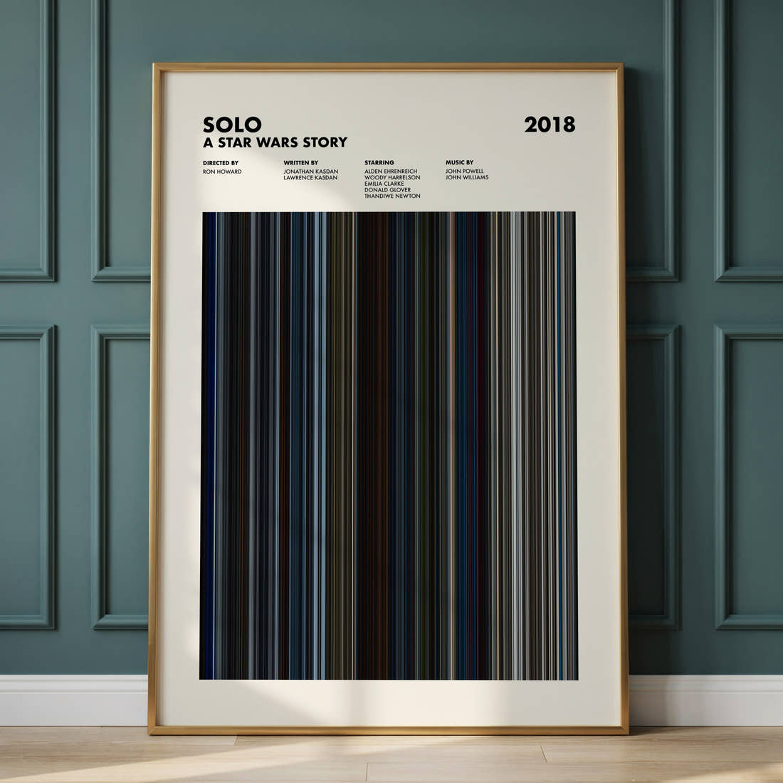 Solo: A Star Wars Story Movie Barcode Poster framed and leaning against a panelled wall