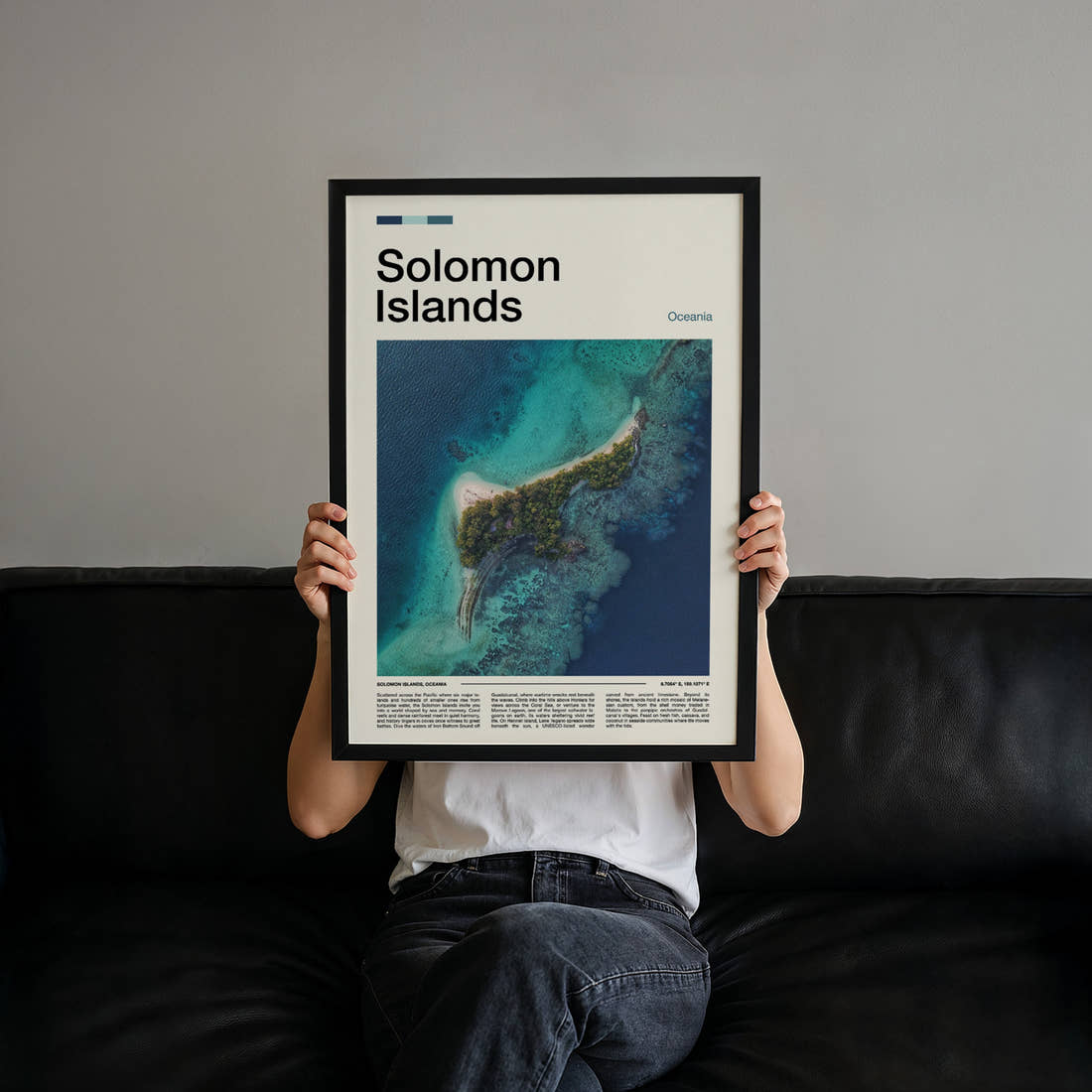 Solomon Islands Aerial Island View Travel Print held up by hand to show the size of the print