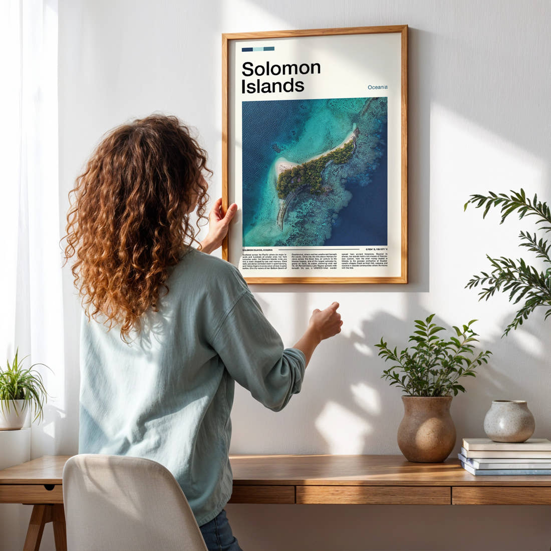 Solomon Islands Aerial Island View Travel Print framed on a pale wall beside houseplants