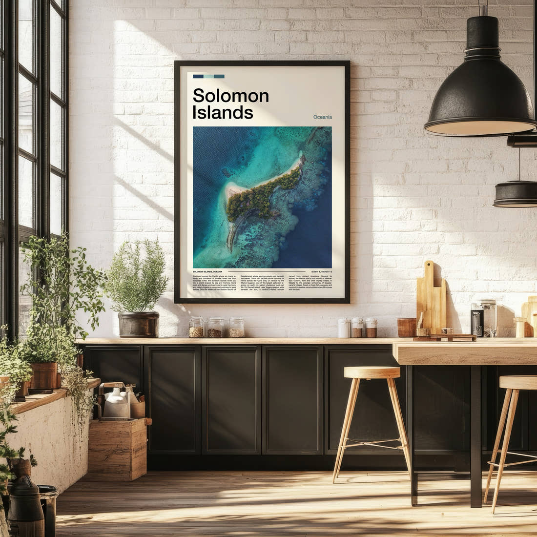 Solomon Islands Aerial Island View Travel Print framed on the wall of a bright kitchen and dining space