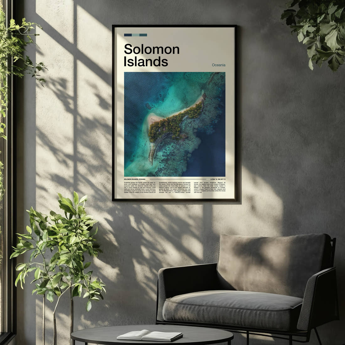 Solomon Islands Aerial Island View Travel Print framed on the wall of a relaxed living room