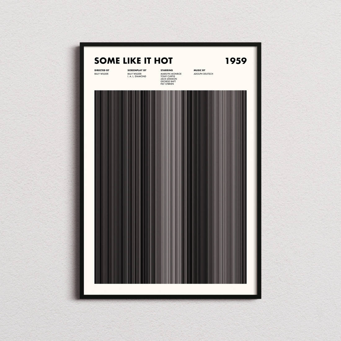 Some Like It Hot Movie Barcode Poster framed on a plain studio wall