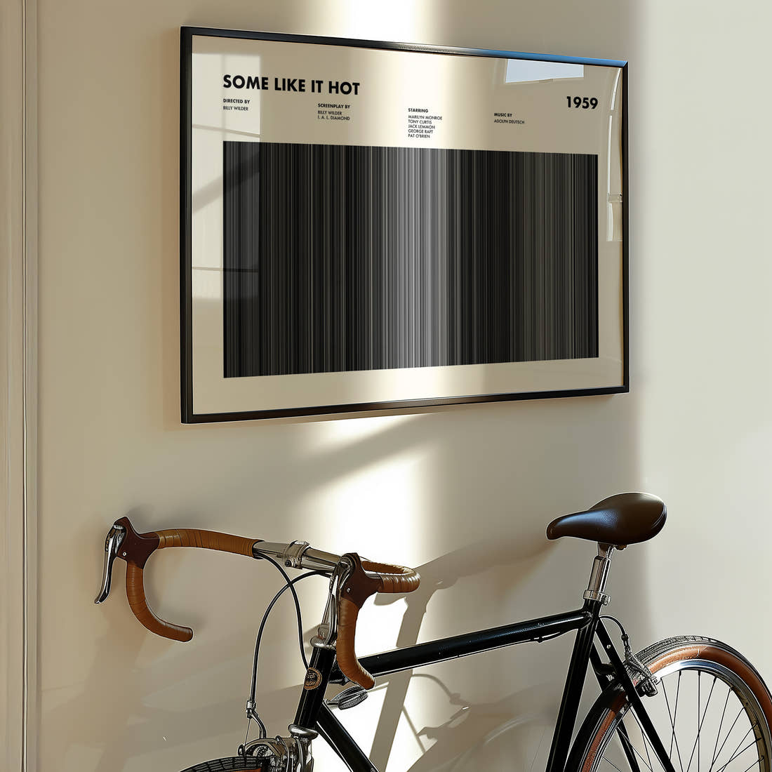 Some Like It Hot Movie Barcode Poster framed on the wall of a styled room setting