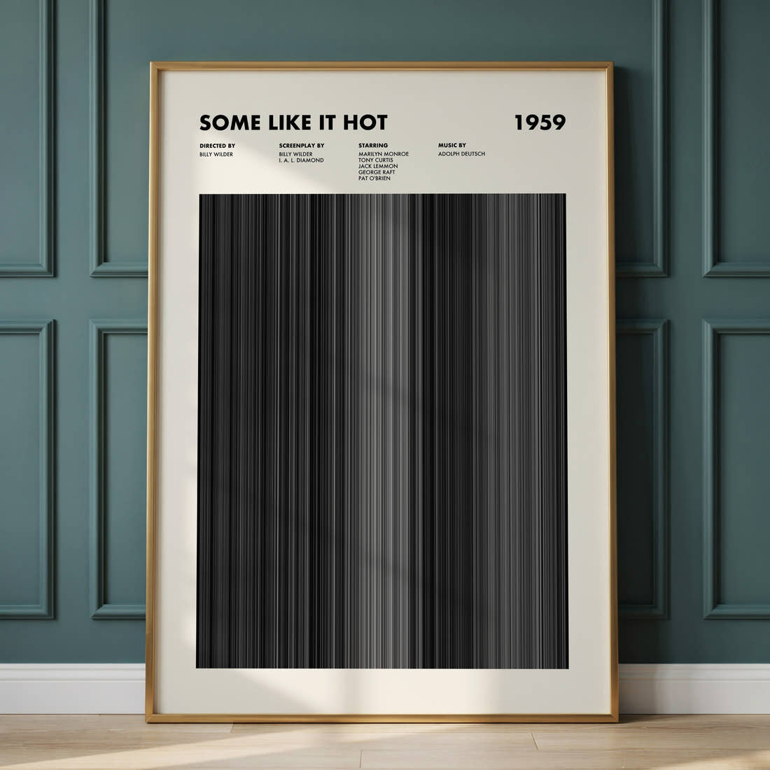 Some Like It Hot Movie Barcode Poster framed and leaning against a panelled wall