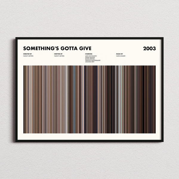 Something's Gotta Give Movie Barcode Poster framed and photographed straight on