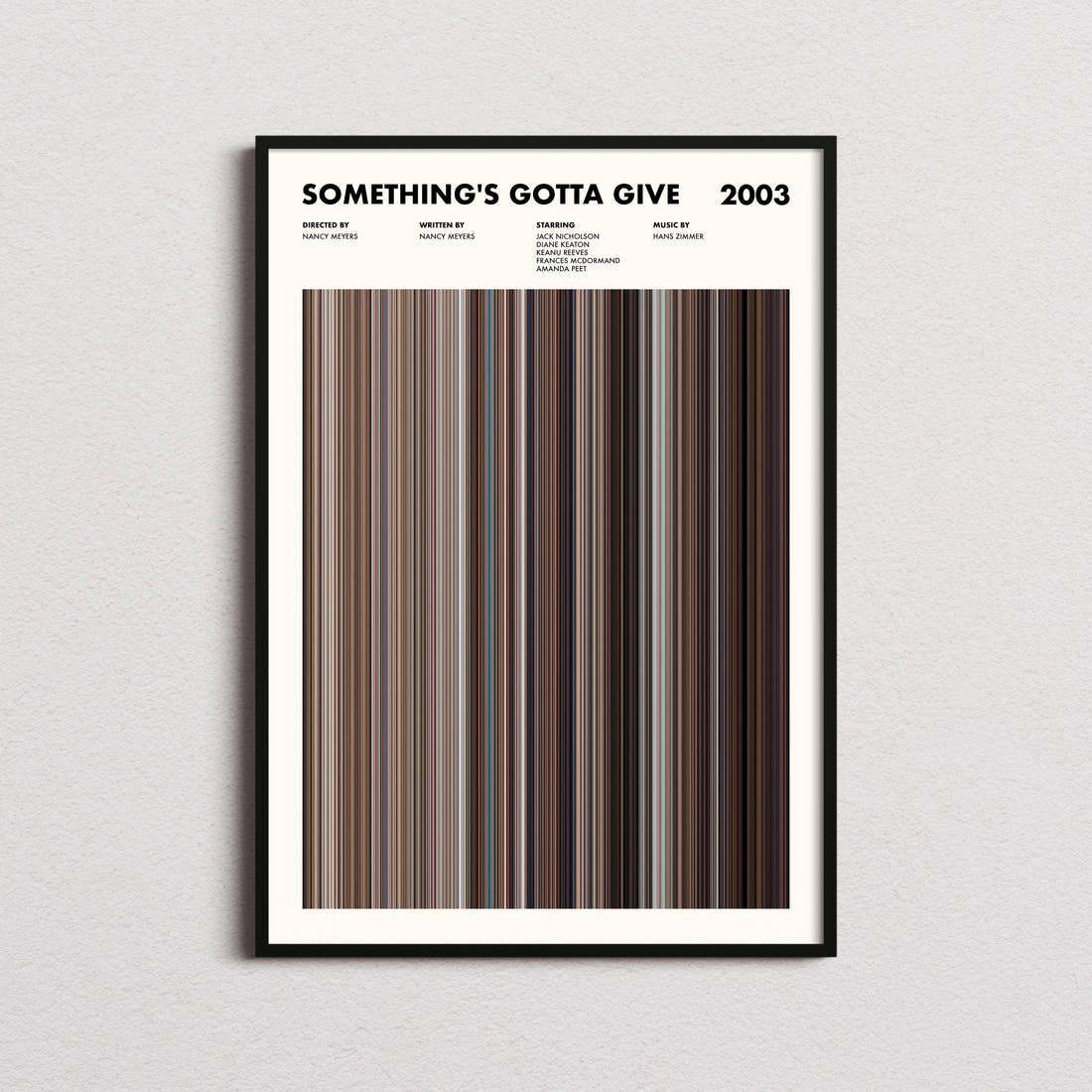 Something's Gotta Give Movie Barcode Poster framed on a plain studio wall