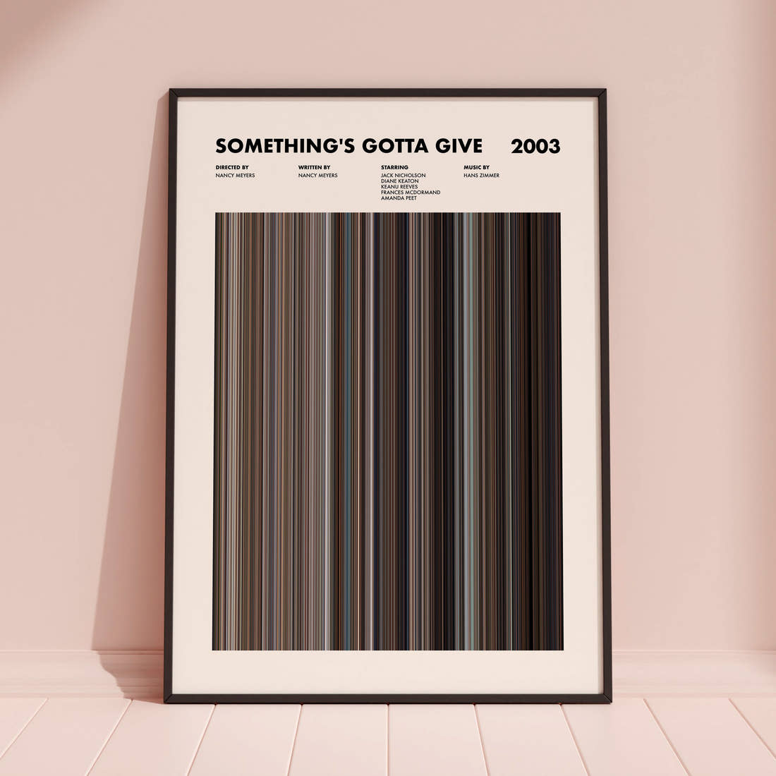 Something's Gotta Give Movie Barcode Poster framed and leaning against a coloured wall