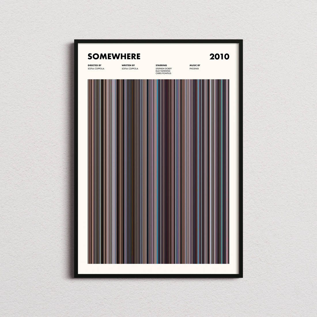 Somewhere Movie Barcode Poster framed on a plain studio wall