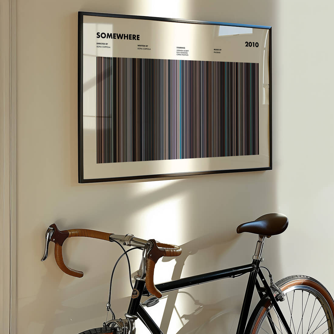 Somewhere Movie Barcode Poster framed on the wall of a styled room setting