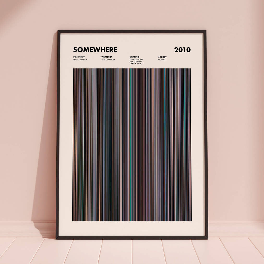 Somewhere Movie Barcode Poster framed and leaning against a coloured wall