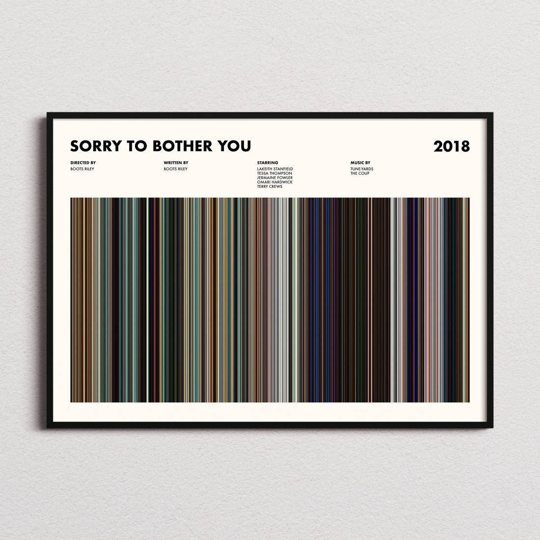 Sorry to Bother You Movie Barcode Poster framed and photographed straight on