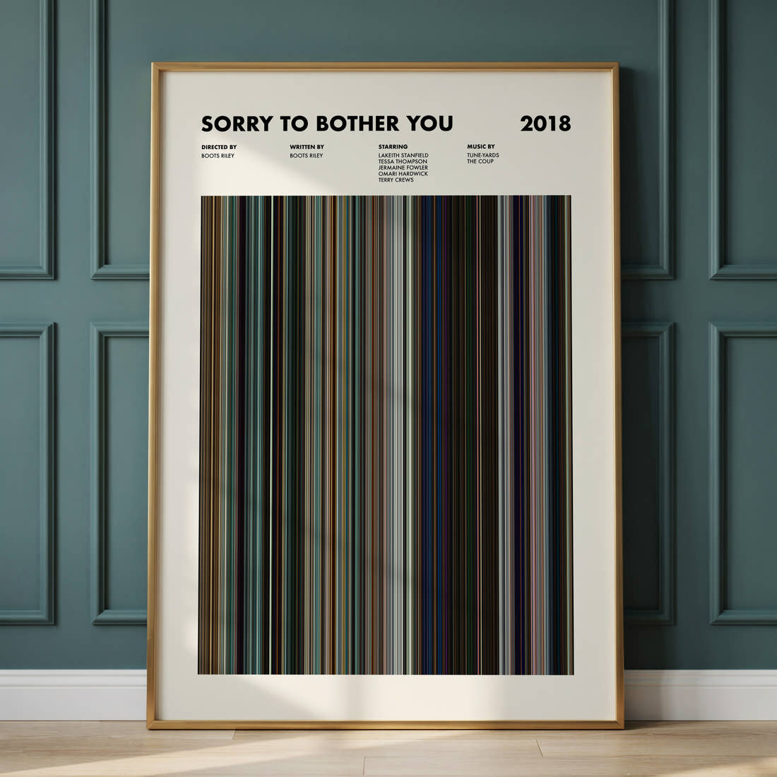 Sorry to Bother You Movie Barcode Poster framed and leaning against a panelled wall
