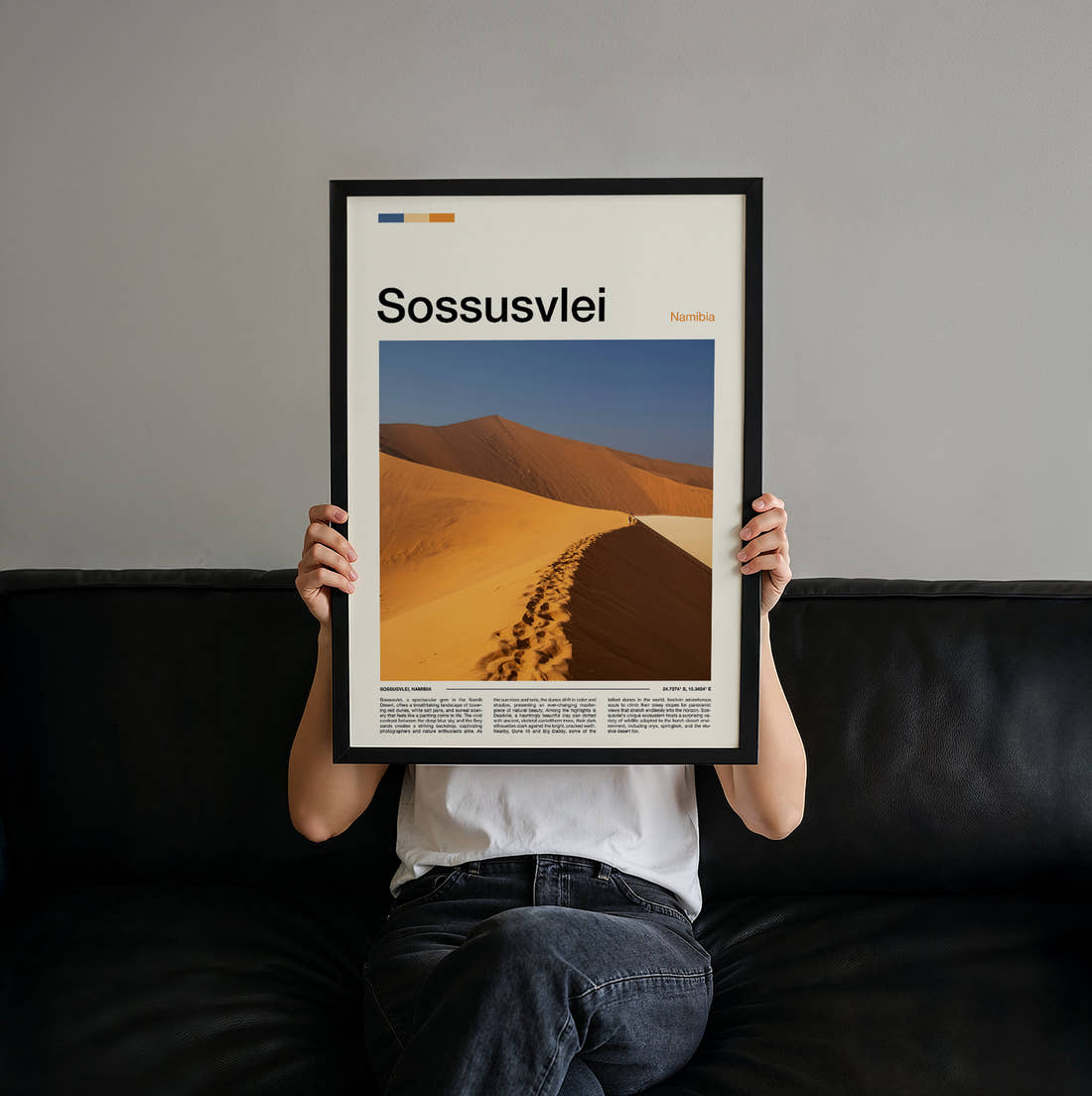 Sossusvlei Sand Dune Ridge Travel Print held up by hand to show the size of the print