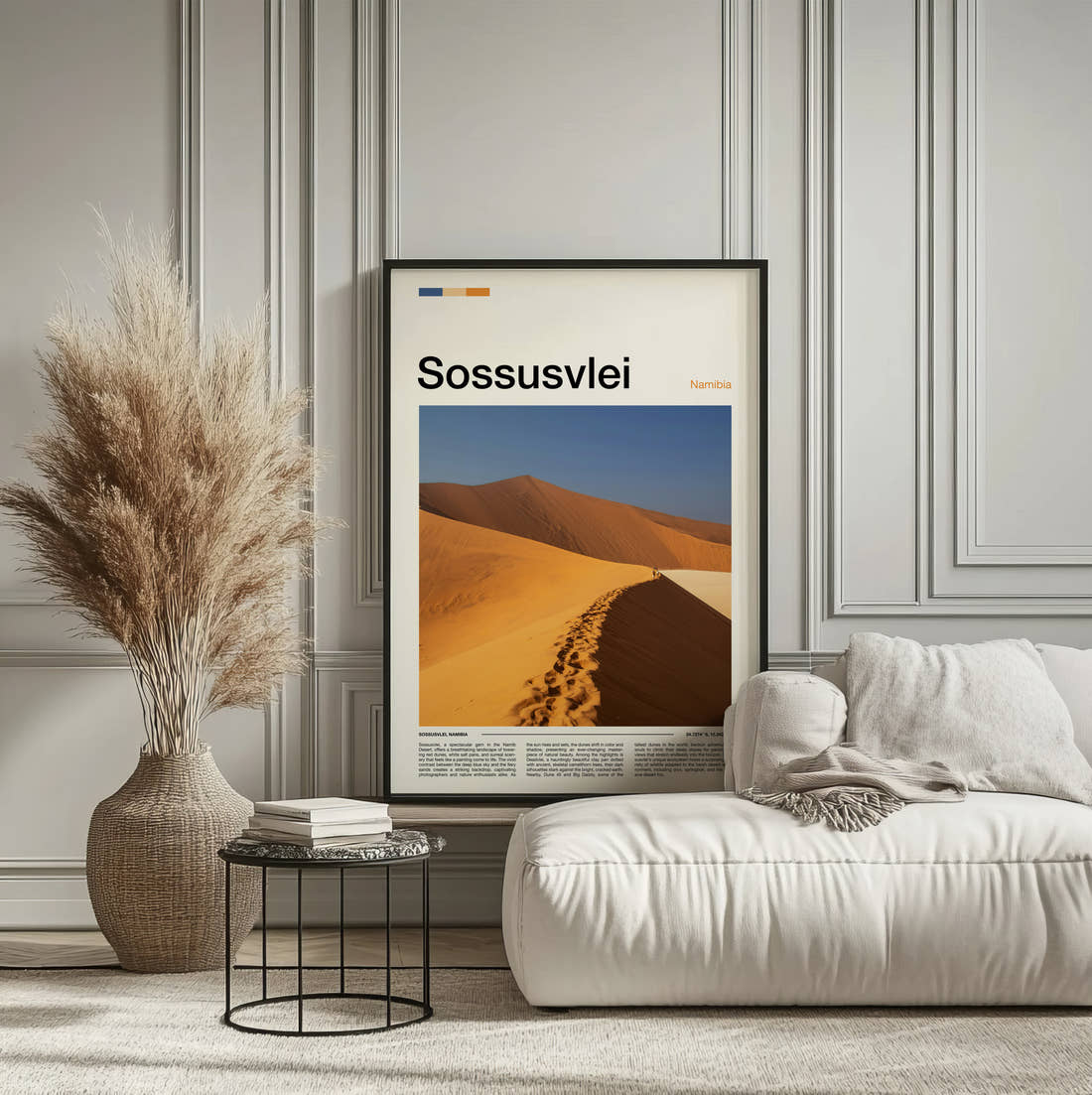 Sossusvlei Sand Dune Ridge Travel Print framed on the wall of a calm, neutral bedroom