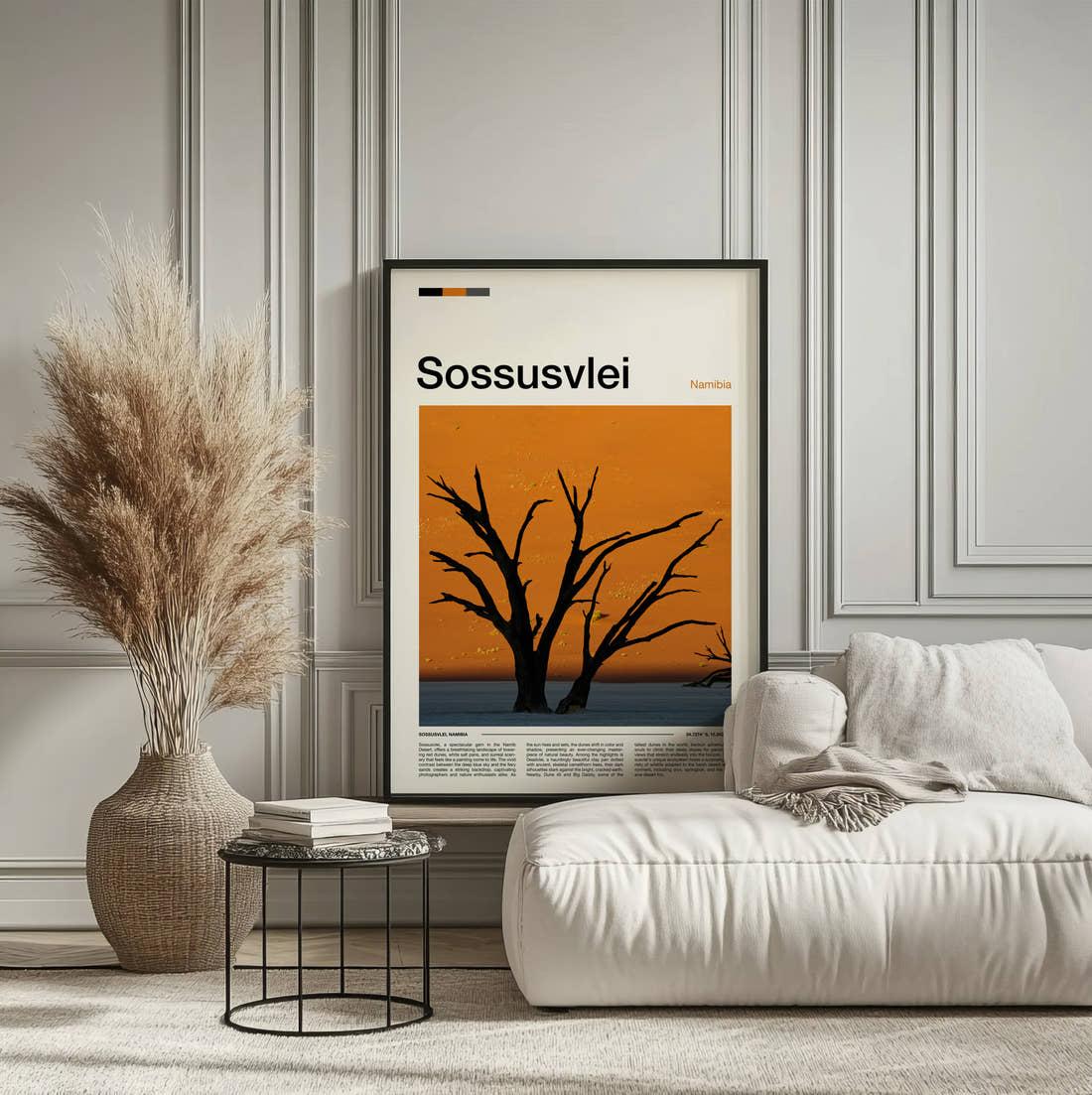 Sossusvlei Dead Tree Silhouette Travel Print framed on the wall of a calm, neutral bedroom
