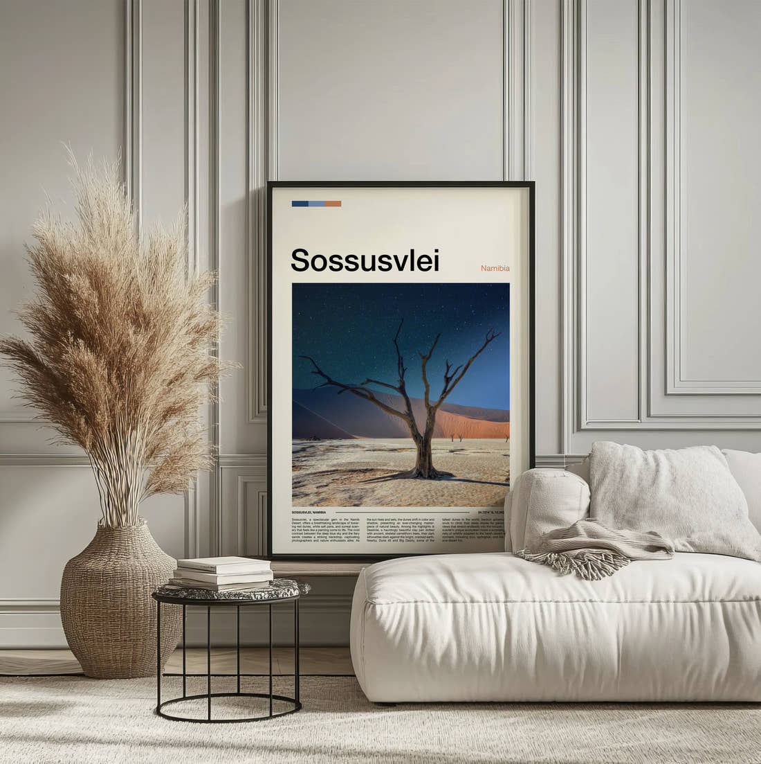 Sossusvlei Dead Tree In Desert Travel Print framed on the wall of a calm, neutral bedroom