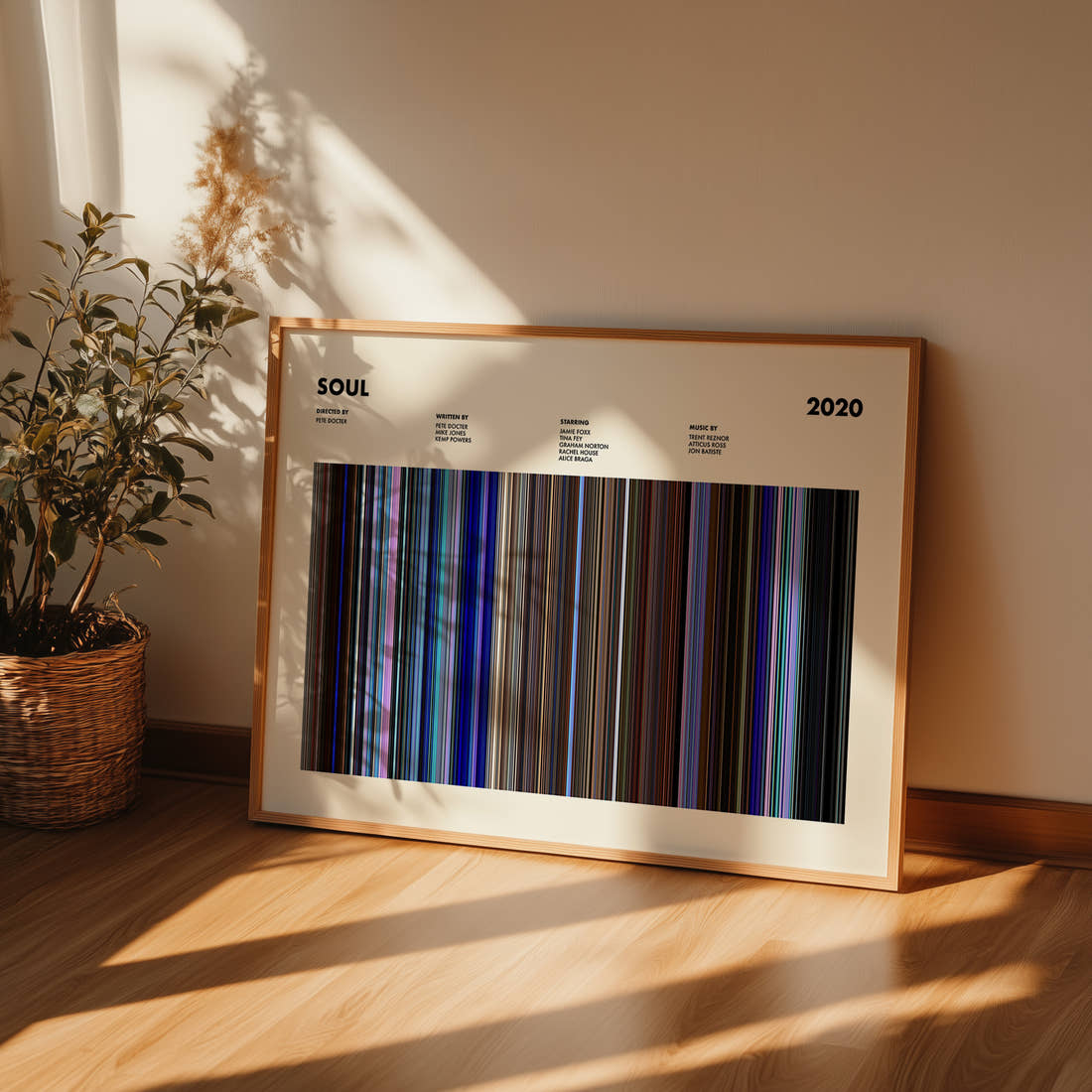Soul Movie Barcode Poster framed and leaning against a wall on a wooden floor